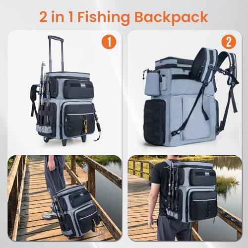 Goture 66L Rolling Tackle Box with Cooler, Gray Large Fishing Bag with Wheels for 5 3700 Trays(Trays Included), Saltwater Resistant Tackle Backpack with Rod Holders - color: Gray, size: With (5) 3700 Trays