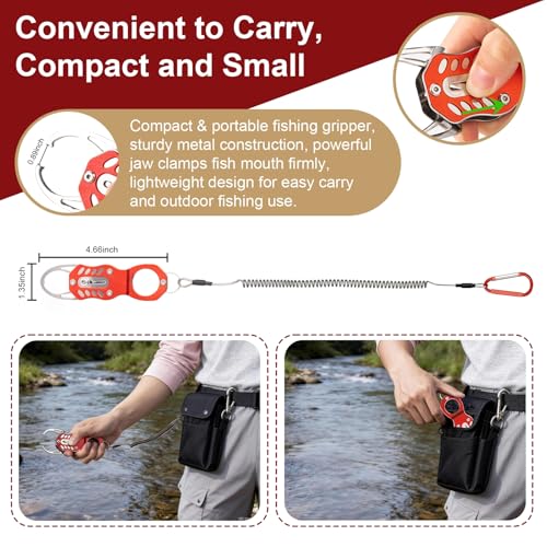 Stainless Steel Mini Fish Grip Tool, Portable Fishing Pliers with Retractable Lanyard and Carabiner, Self-Locking Rustproof Lip Gripper for Kayak Saltwater Freshwater Fishing
