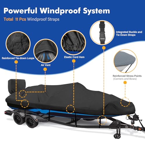 1200D Waterproof Boat Cover - Fits 17' to 19' ft Bass, V-Hull, Tri-Hull, Fish & Ski, Runabout Bowrider Boats - Heavy Duty Canvas Black - color: Black, size: Model C: Fits 17'-19' L X 96" Beam Width