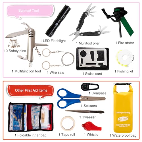 Boat First Aid Kit with Survival Tools, 123pcs Waterproof Emergency Marine Kit with Buckles, Compact Boat Safety Accessories for Fishing Kayaking Boating Camping Rafting Beach Yellow - color: Ws014-yellow