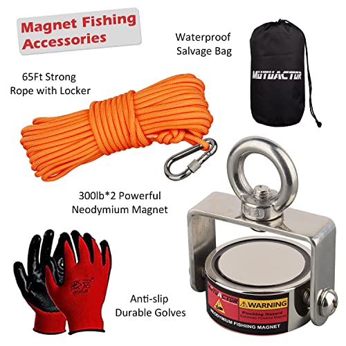 MUTUACTOR Magnet Fishing Kits,760lb Strong Rotating Fishing Magnets Heavy-Duty, Φ1.96''Neodymium Rare Earth Swivel Magnet with 65Ft Durability Rope,Sturdy Gloves for Retrieving Treasures in Rivers - style: 760lb Swivel Magnet (Double Sided)--Φ 1.96"