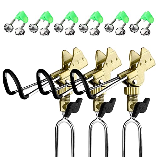 Rod Holder Fishing Pole Holder with Fishing Rod Alarm Bells,Universal Adjustable Gold Fishing Rod Holder Hand and Sea Dual-Purpose Ground Plug Holder for Bank Fishing - color: gold 3pcs