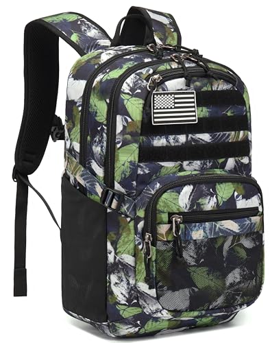 Wotony Military Tactical Backpack for Men Army 3 Days Assault Pack Bag with Molle System for Outdoor Adventures (green leaves, 25L) - color: Green Leaves, size: 25L