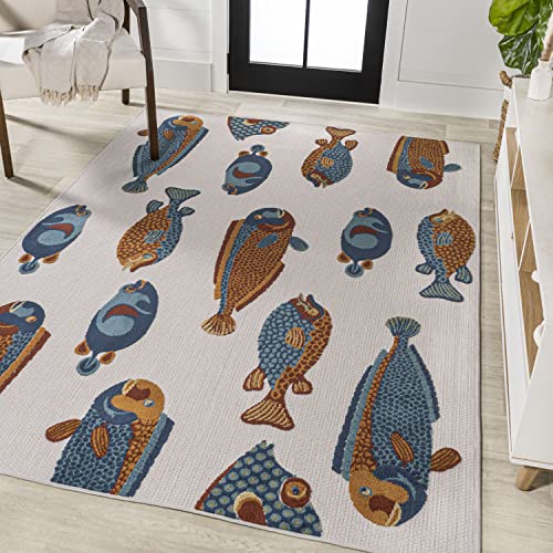 Eyely Fish High-Low Area Rug 5 X 8 Navy/Orange/Cream, Indoor Outdoor Rug | Ships Rolled, Durable Flat Weave, Lays Flat for Backyard, Patio, Porch, Easy-Cleaning, High Traffic,Pet-Friendly,Non-Shedding