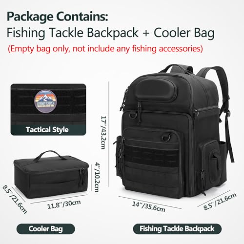 Rexmica 35L Fishing Tackle Backpack Bag with Cooler, Fishing Rod Bag Holds 2 Rods & Reels for Tackle Boxes or Other Fishing Gear, Fishing Pole Backpack, Black