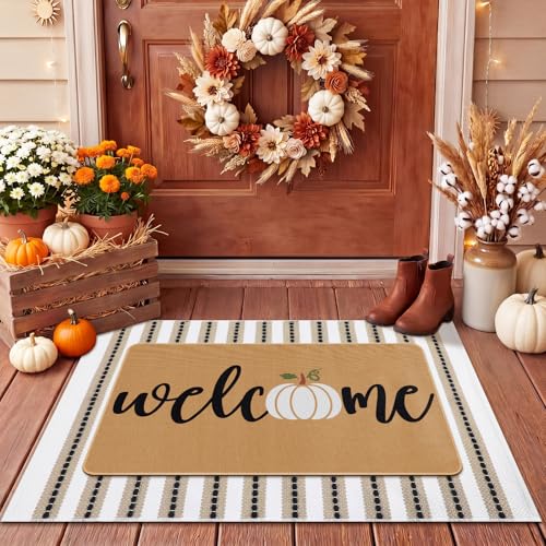 Tinideya 2 Pcs Fall Layered Doormat Set, Farmhouse Pumpkin Welcome Mat with Striped Layering Rug for Autumn Thanksgiving Outdoor Entryway Porch Decor - size: 16 x 28 Inch,24 x 35 Inch, style: Pumpkin