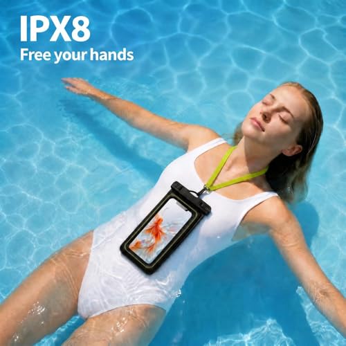 Floatable Waterproof Phone Pouch Case for iPhone 17 16 Pro Max/15/14, IP68 Travel Cellphone Dry Bag Beach Cruise Ship Essentials Bags with Crossbody Lanyard, Black Green - 7″ - color: Black Green