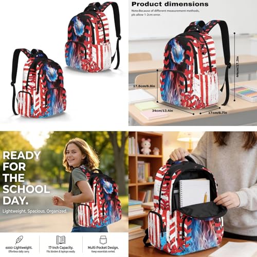Baseball Backpack 4 Pieces American Flag School Backpack with Lunch Bag Handbag Pencil Case Water Bottle Sling Bag Elementary Middle Rucksack Travel Bookbag - color: Baseball