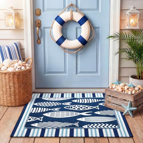 Tinideya 2 Pcs Blue Coastal Fish Door Mat Outdoor Summer Nautical Beach Welcome Front Door Mat Layered Navy Blue and White Striped Entryway Rug Non Slip Lake Beach House Decor for Front Porch Outside - size: 16 x 28 Inch,24 x 35 Inch, style: Coastal