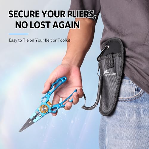 Fishing Pliers Saltwater, Split Ring Pliers Hook Remover with Safety Lock, Fishing Tools with Sheath and Lanyard, Fishing Gifts for Men - color: Blue
