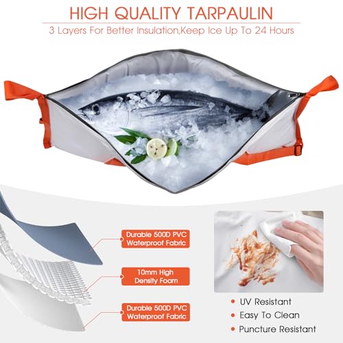 THKFISH Insulated Fish Cooler Bag, Fish Kill Bag for Caught Fish Ice Cold - color: White-Orange, size: 40*16IN