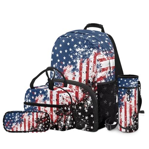 American Flag Backpack for Boys 4 Pack School Bag Rucksack with Reusable Lunch Bag Water Bottle Carrier Bag Pencil Case Set - color: American Flag