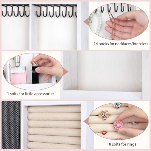 Keebofly Wall Mounted Jewelry Organizer With Rustic Wood Large Space Jewelry Cabinet, Holder, Storage Box for Necklaces, Earrings, Bracelets, Ring Holder, and Accessories White - color: White
