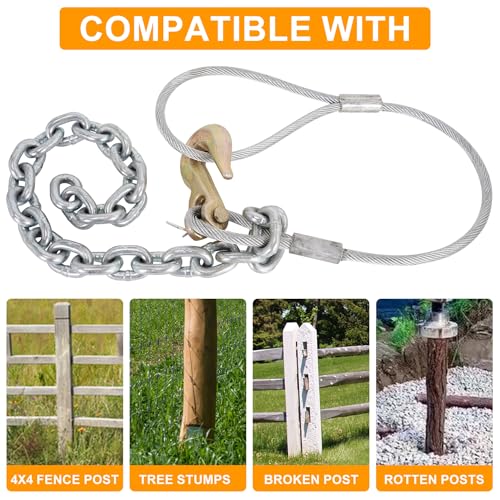 Fence Post Puller,Stump Remover Tool with Thickened 1/3-inch Galvanized Steel Wire Rope and Chain,Works with Jack or Lever to Extract the 4x4 Posts or Replace Any Broken or Rotten Fence Posts