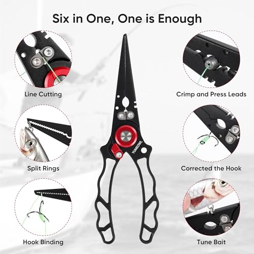 Fishing Pliers with Innovative Ergonomical Handle, Corrosion Saltwater Resistant,Fishing Multitool Hook Remover Braided Fishing Line Cutting, Split Ring with Coiled Lanyard and Sheath - color: Red&black-7.28"