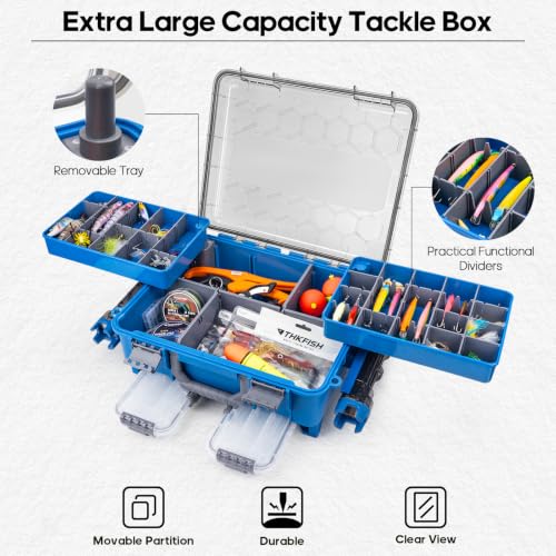 THKFISH Waterproof Double Side Tackle Box, Portable Storage Box with 2 Pack 3500 Stowaway Boxes & Rod Holders, Fishing Lure Organizer YellowPink/Green/Blue/Grey (L-Blue) - color: L-Blue