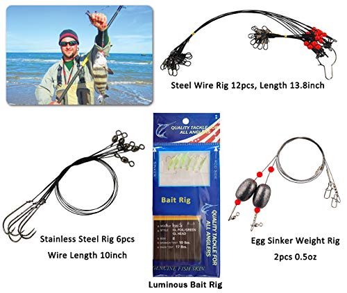 150pcs Saltwater Fishing Gear Surf Fishing Tackle Kit, Various Accessories Include Leaders, Bait Rigs, Spoons, Minnow Lures, Hooks, Swivels Snaps, Jigs, Sinker Weights