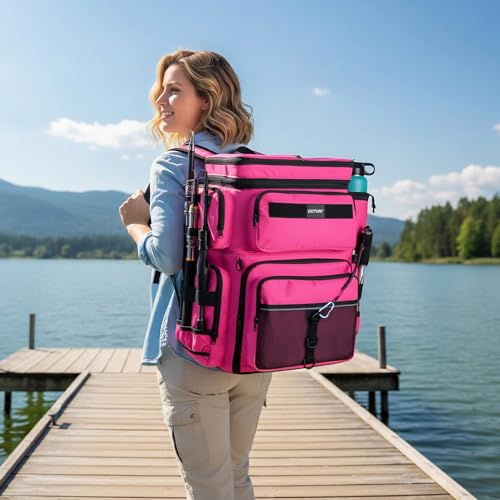 Goture Fishing Backpack with Cooler, 66L 600D Tackle Backpack with 3 Rod Holders, Helmet Holder, Rain Cover, Saltwater Large Fishing Bag for Camping Hiking, Gear Storage Bag, Gifts for Men - color: B1:pink(without Tackle Box)