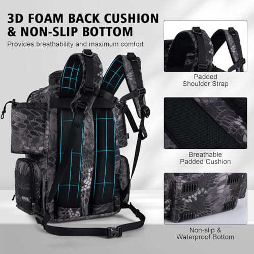 Goture Fishing Backpack with 4 Tackle Boxes,900D Water-Resistant Tackle Backpack with Rod Holders,SBS Zippers,45L Large Tackle Storage Gear Bag with Rain Cover,Bottle Holder for Travel Camping Hiking - color: A1:19# Camo, size: Include 4 Tackle Boxes