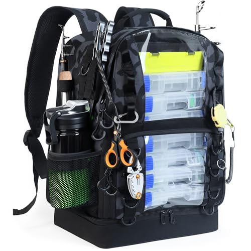Fishing Tackle Backpack with Cooler,45L Large Tackle Bag with 2 Rod Holders & Clear Window,Outdoor Fishing Backpack for Fishing,Camping,Hiking,Camouflage Black - color: Camouflage Black
