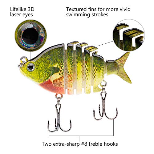Bassdash SwimPanfish 2.5”/0.34oz Hard Bluegill Swimbaits Multi Jointed Topwater Trout Bass Fishing Crank Lure,Pack of 4 - color: BLPR