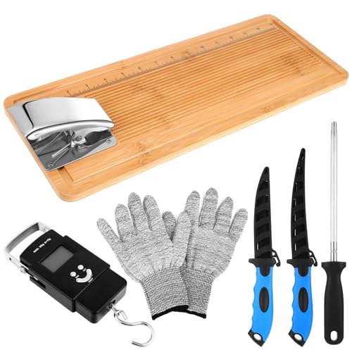 6 Pcs Fish Cleaning Kit Include Cutting Board Fish Fillet Boards with Clamp 2 Knife Cut Resistant Gloves Scale with Built in Measuring Tape Sharpening Rod (Classic) - style: Classic