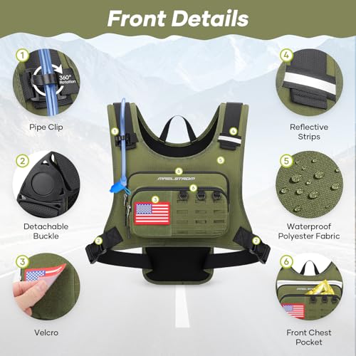 Maelstrom Hydration Running Vest with 2L Water Bladder for Men Women | Chest Pack, BPA-free, High Flow Bite, Reflective Stripe, Detachable, Breathable Pad, Perfect for Cycling, Marathon, Hiking - color: Army Green