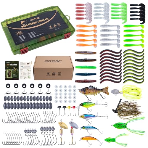 Goture Fishing Lures Kit,164pcs Bass Fishing Kit Including Soft Plastic Baits, Worms, Minnow, Crankbaits, Hooks,Swivels,Sinker Weights,3700 Tackle Box, Freshwater Fishing Gear Lure Set, Gifts of Men - color: A:164pcs Fishing Lures Kit