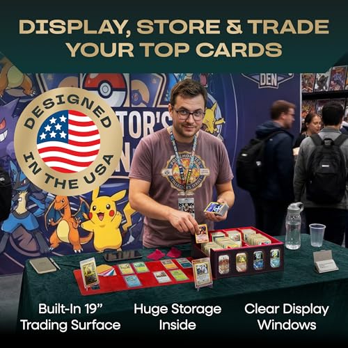 4-Row Mtg Trading Card Storage Box With Display Windows - Magnifier Ruler, 2 Display Stands, 6 Cardholders - 3000+ Card Case With Magnetic Closure, Sports TCG Card Organizer - Red Card Boxes - color: Black, Red (4 Row)