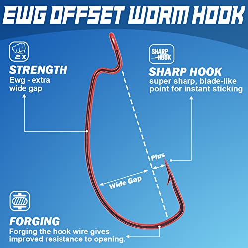 Offset-Worm-Hooks-for-Bass-Fishing-Rubber-Worms-Ewg-Wide-Gap-Bass-Hooks Freshwater Texas Rig Soft Plastics Worms Bait Fishing Hook Black Red Colored 1/0 2/0 3/0 4/0 - color: Red, size: 3/0