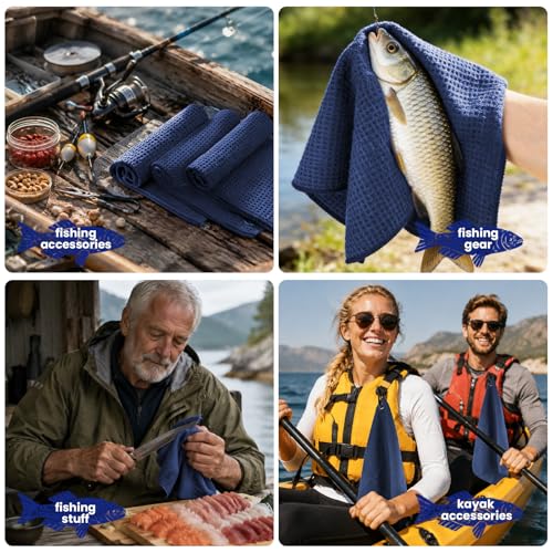 Puomue 3 Pack Microfiber Fishing Towels with Clip, 16" X 16", Waffle Pattern for Effective Cleaning of Fishing Gears or Dirty Hands, Perfect for Camping Towels and Hiking Towles (Blue, 16"X16") - color: Blue