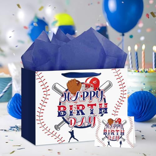Hooqict Baseball Gift Bag Baseball Birthday Party Gift Wrap Bag with Handles, Tissue Paper, Greeting Card for Kids Boys Men Sport Themed Birthday Party Favors Supplies - color: Baseball