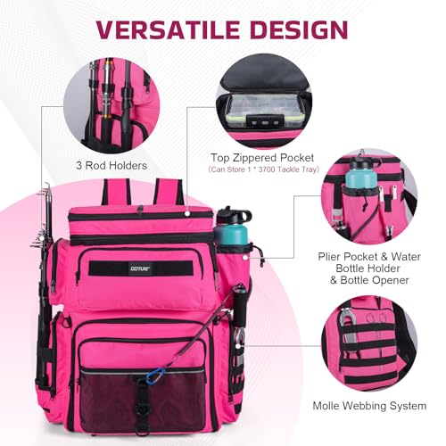 Goture Fishing Backpack with Cooler, 66L 600D Tackle Backpack with 3 Rod Holders, Helmet Holder, Rain Cover, Saltwater Large Fishing Bag for Camping Hiking, Gear Storage Bag, Gifts for Men - color: B1:pink(without Tackle Box)