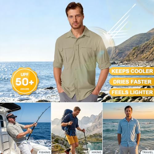 Men's Sun Protection Safari Fishing Shirts Long Sleeve UPF50+ UV Quick Dry Lightweight Cooling Hiking Travel - color: Khaki, size: Medium