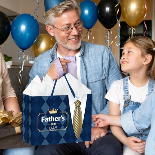 Hooqict Large Fathers Day Gift Bag Father Gift Wrap Bag with Handles, Tissue Paper, Greeting Cards for Best Daddy Husband Grandfather Happy Father's Day Celebrations Party Supplies - color: Fathers Day