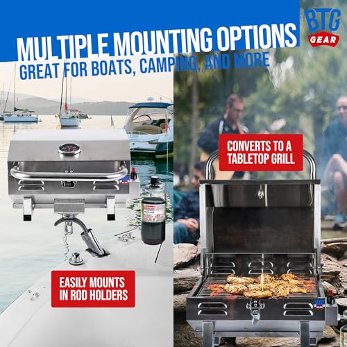 Tailwaves Marine Boat Grill w/Rod Holder Mount | Stainless Steel | Propane Boats & Tailgating & Camping | Built in Thermometer | Portable | Fold-away legs