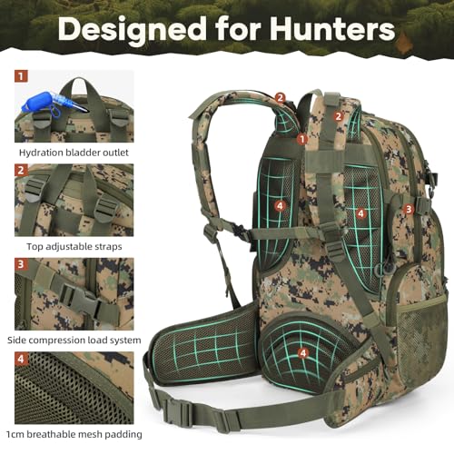 Maelstrom Tactical Backpack for Men, Water Resistant 40L Military Bag | Molle System, 900d Polyester, Laptop Pocket, Load Compression, Tripod Straps, For Hunting, Travel, Hiking,Gym, Camping - color: E.woodland Camo