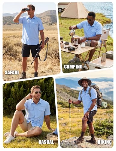 WULFUL Men's Sun Protection Fishing Shirts UPF 50+ Lightweight Quick Dry Cooling Short Sleeve Shirts for Work Hiking Safari - color: Light Blue, size: Large