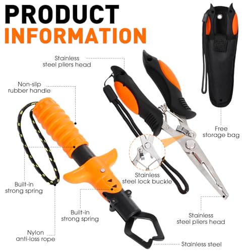 RoundFunny 10 Pcs Fishing Tool Kit, Fishing Pliers with Lanyard and Protective Sheaths, Landing Net, Fillet Knife, Fish Scale, Gripper, Hook Remover, Braid Scissors, Gloves for Men Dad Gift - color: Orange