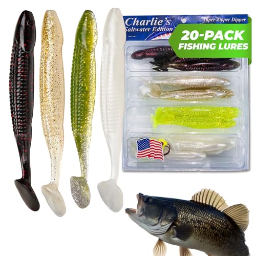 Charlie's Worms Bass Lures Freshwater Fishing Lure - Scented Artificial Softbait for Freshwater & Saltwater Bass Fishing, Swimbait, Softbait - style: Super Zipper Dipper (20-piece)