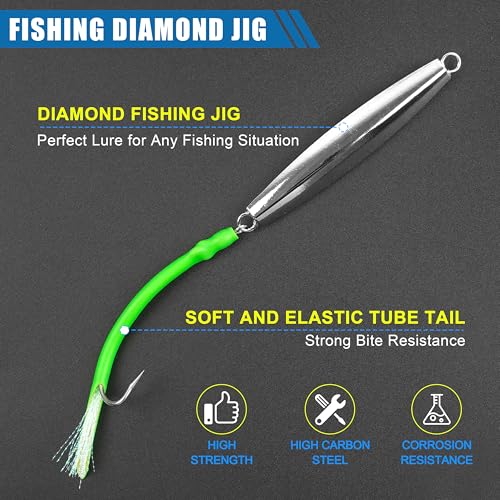 Saltwater Fishing Diamond Jig, 1pcs Casting Jigging Spoon Surf Fishing Trolling Lure Metal Jig with Tube Tail for Striper Bluefish Tuna Salmon 1oz 2oz 3oz 4oz - color: Green, size: 4oz
