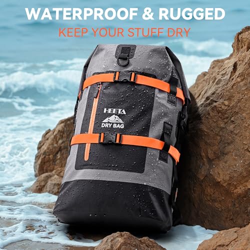 HEETA Dry Bags Waterproof Backpack 40L for Men & Women, Roll Top Heavy Duty Cushioned Hiking Backpack for Kayaking Boating Paddle Boarding Fishing Travel Camping Beach Vacation Cruise Ship Essentials - color: Grey