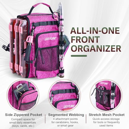 Goture Pink Fishing Rod and Reel Combo - ML Action Spinning Reel Pole with Pink Bag - Telescopic Rod Kit for Starter Travel Saltwater Freshwater, Gift for Woman - color: Pink Pole - Sparkling Sling Bag with 3600 Trays, size: 8FT/2.4M