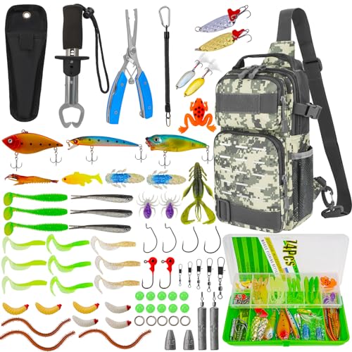 THKFISH 79 Pcs Fishing Tool Kit, Fishing Backpack with Tackle Boxes Fishing Pliers Kit Fishing Bait Lure Gear Kit Include Fish Hook Remover, Fishing Lures, Lip Gripper - color: Camouflage