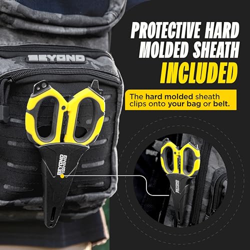 Beyond Fishing 6.5" Pro Fishing Shears Dual Serrated Blades, Fishing Braided Line Scissors with Titanium Coating, Non-Slip Grip & Multifunction Tool, Includes Hard Molded Locking Sheath - color: Omnipro - Black and Yellow