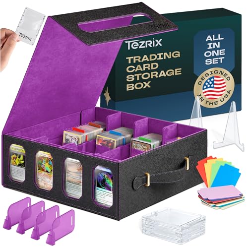 4-row Trading Card Storage Box with Display Windows | Magnifier Ruler, 2 Display Stands, 7 Cardholders & 24 Category Tabs Included | 3000+ Card Case with Magnetic Closure, Black Purple Card Box - color: Black, Purple (4 Row)