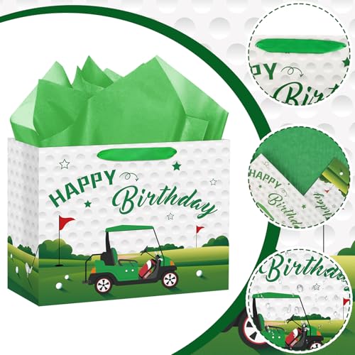 Hooqict Large Golf Gift Bag Golf Themed Birthday Party Gift Wrapping Bag with Handles, Tissue Paper, Greeting Cards for Kids Boys Men Goodie Candy Treat Party Favors - color: Golf