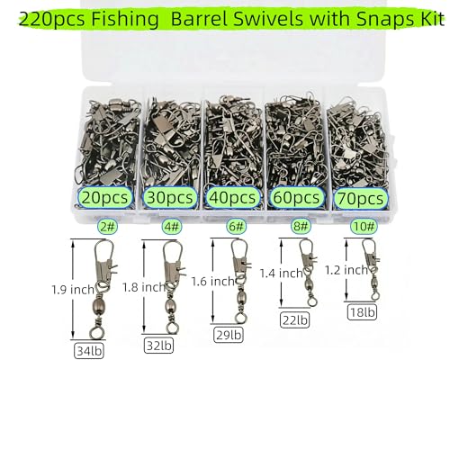 Fishing Barrel Swivels with Snap Set: 220pcs Large Small Snap Swivels Assortment for Saltwater Freshwater Connector Fishing Tackle - Size #2#4#6#8#10