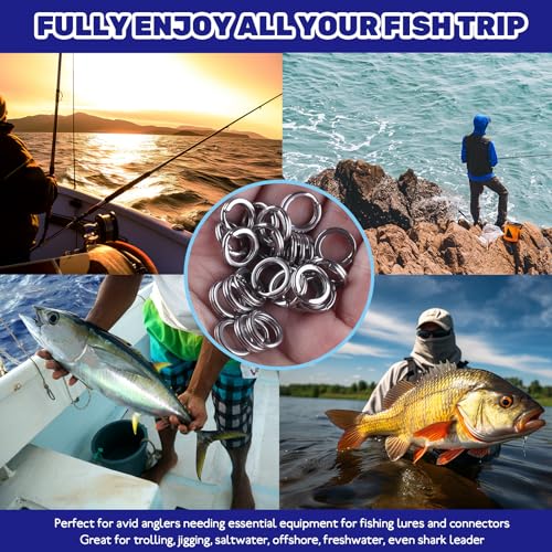 5 Sizes Fishing Split Rings Assortment Kit Stainless Steel Double Flat Lure Tackle Connector 30lb to 120lb Test for Trolling Jigging Offshore