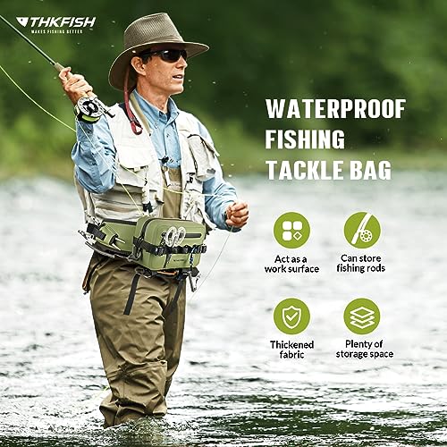 THKFISH Waterproof Fishing Waist Pack with Fishing Rod Holder, Airtight Zipper Closure, Lightweight Sling Fishing Waist Bag for Fly Fishing - color: Green